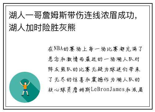 湖人一哥詹姆斯带伤连线浓眉成功，湖人加时险胜灰熊