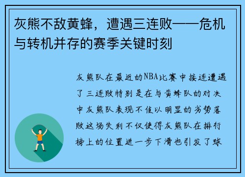 灰熊不敌黄蜂，遭遇三连败——危机与转机并存的赛季关键时刻